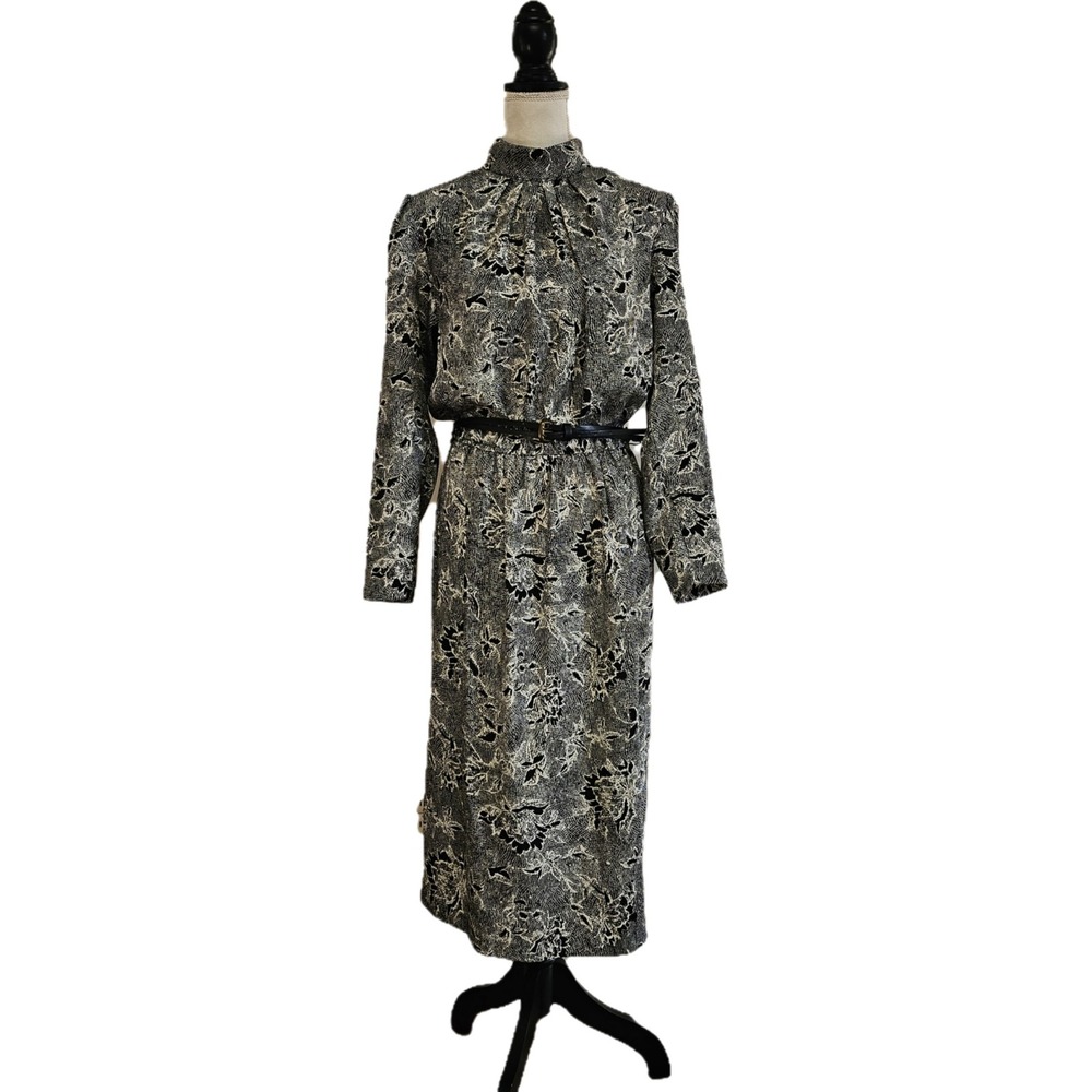 Vintage 80s‎ Floral Mock Neck Belted Midi Dress Size 10 Whimsigoth Witchy Office